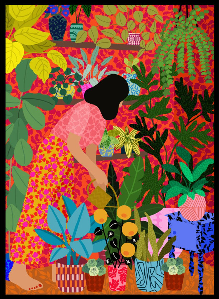 Colorful illustration of a person tending to plants with a vibrant background. Watering My Plants by Rafaela Mascaro fine art print featuring bold botanical interior, modern woman illustration, and colorful contemporary wall art poster.