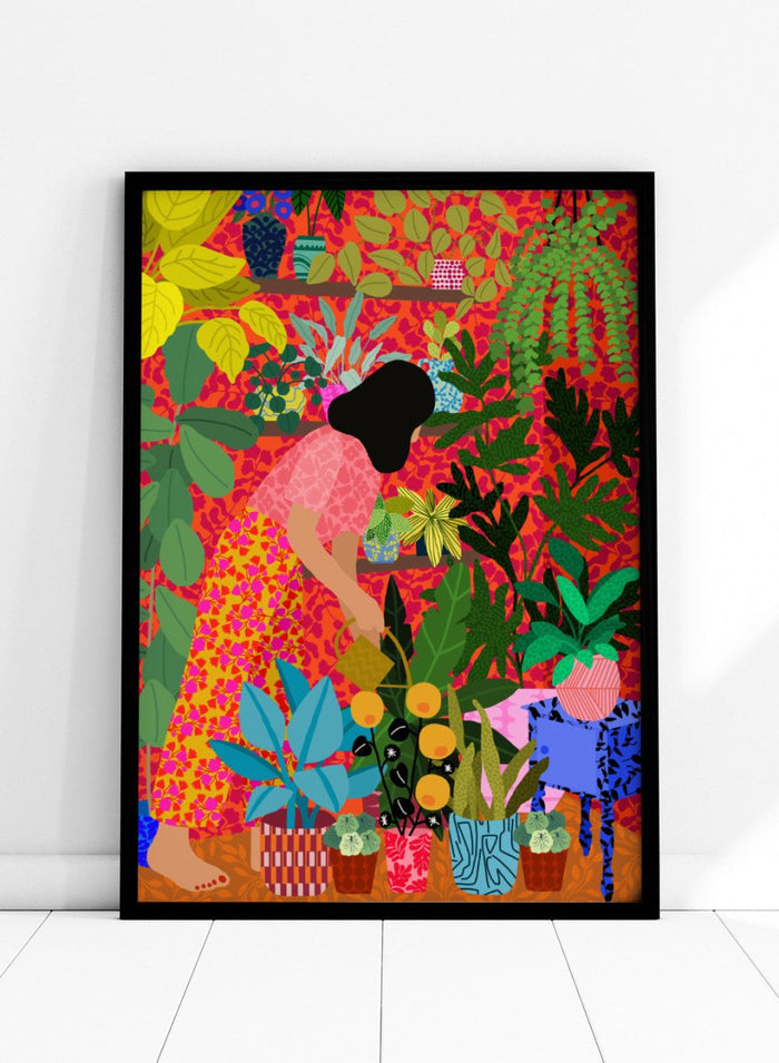 Colorful illustration of a person tending to plants with a vibrant background. Watering My Plants by Rafaela Mascaro fine art print featuring bold botanical interior, modern woman illustration, and colorful contemporary wall art poster.