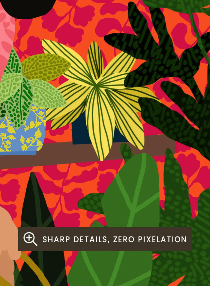 Colorful illustration of a person tending to plants with a vibrant background. Watering My Plants by Rafaela Mascaro fine art print featuring bold botanical interior, modern woman illustration, and colorful contemporary wall art poster.