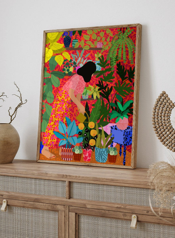 Colorful illustration of a person tending to plants with a vibrant background. Watering My Plants by Rafaela Mascaro fine art print featuring bold botanical interior, modern woman illustration, and colorful contemporary wall art poster.