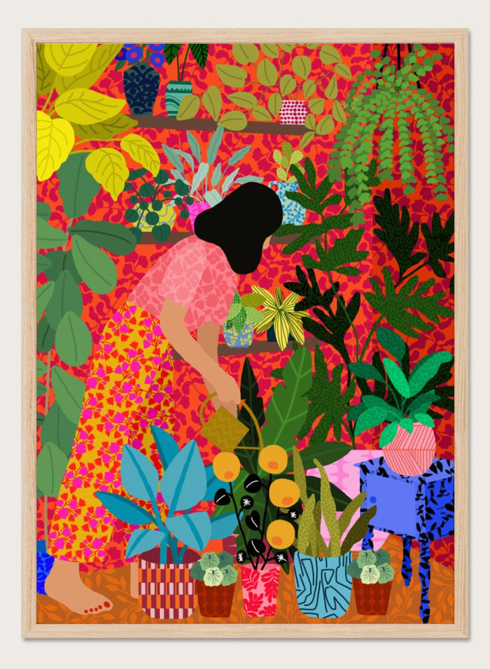 Colorful illustration of a person tending to plants with a vibrant background. Watering My Plants by Rafaela Mascaro fine art print featuring bold botanical interior, modern woman illustration, and colorful contemporary wall art poster.