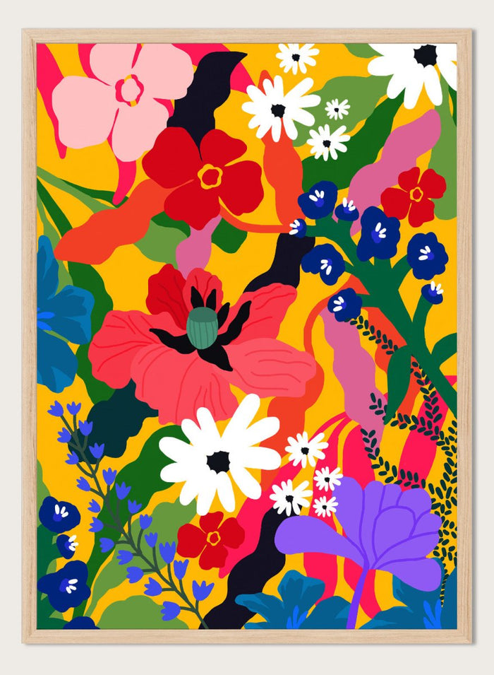 Colorful floral pattern with various flowers on a yellow background. Wildflower Tangle by Rafaela Mascaro botanical art print featuring bold colorful flowers, layered wildflower pattern, and vibrant contemporary floral wall art poster.