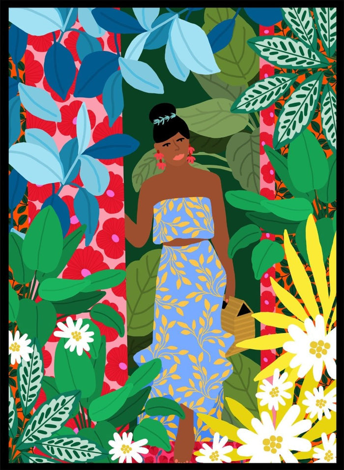 Woman in a blue dress surrounded by colorful foliage and flowers. Woman In A Dress With Flowers by Rafaela Mascaro is a vibrant botanical art print featuring lush foliage, colorful florals, decorative patterns, and tropical charm.