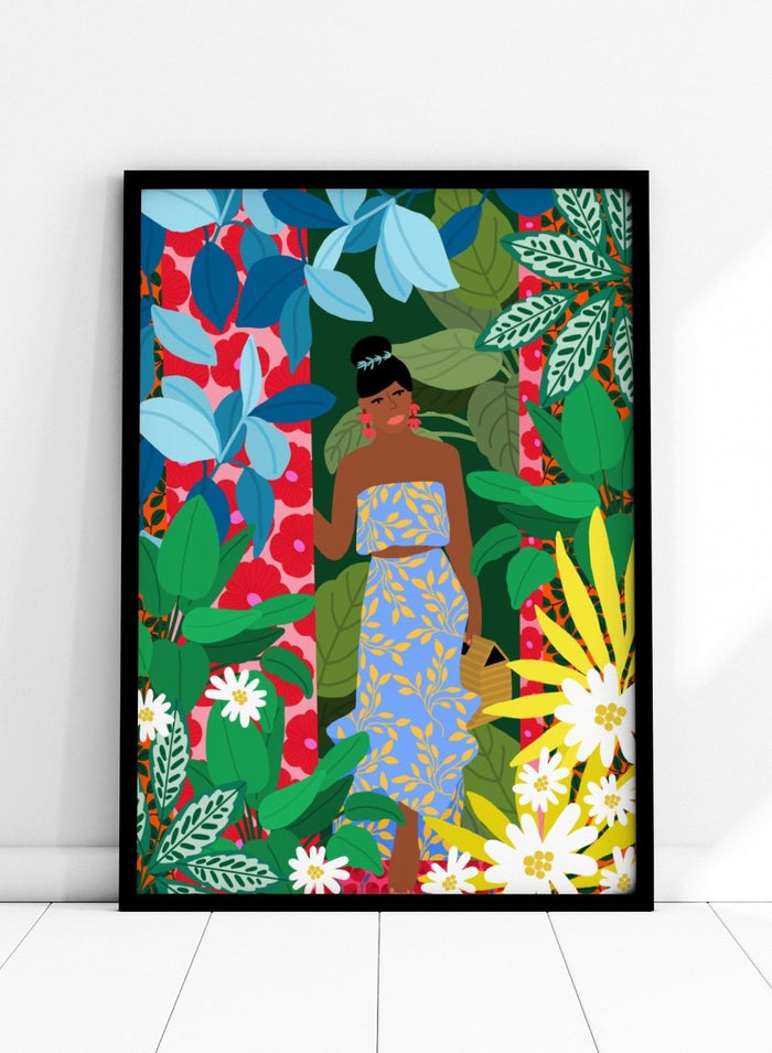 Woman in a blue dress surrounded by colorful foliage and flowers. Woman In A Dress With Flowers by Rafaela Mascaro is a vibrant botanical art print featuring lush foliage, colorful florals, decorative patterns, and tropical charm.