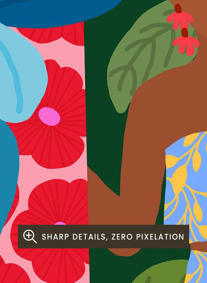 Woman in a blue dress surrounded by colorful foliage and flowers. Woman In A Dress With Flowers by Rafaela Mascaro is a vibrant botanical art print featuring lush foliage, colorful florals, decorative patterns, and tropical charm.