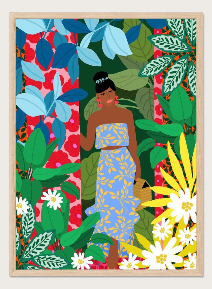 Woman in a blue dress surrounded by colorful foliage and flowers. Woman In A Dress With Flowers by Rafaela Mascaro is a vibrant botanical art print featuring lush foliage, colorful florals, decorative patterns, and tropical charm.