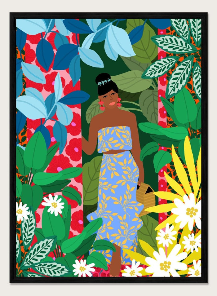 Woman in a blue dress surrounded by colorful foliage and flowers. Woman In A Dress With Flowers by Rafaela Mascaro is a vibrant botanical art print featuring lush foliage, colorful florals, decorative patterns, and tropical charm.