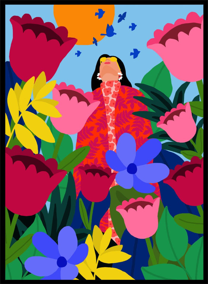 Colorful illustration of a woman surrounded by flowers and birds on a blue background. Woman in Flower Garden by Rafaela Mascaro fine art print poster featuring oversized tulips, bold florals, birds, modern contemporary botanical wall art.