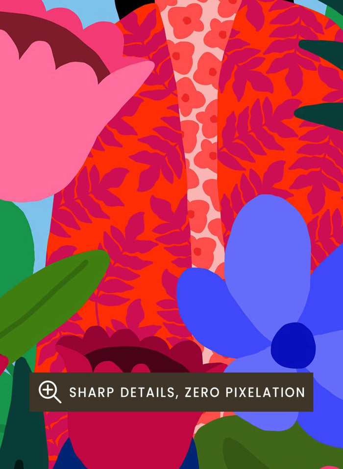 Colorful illustration of a woman surrounded by flowers and birds on a blue background. Woman in Flower Garden by Rafaela Mascaro fine art print poster featuring oversized tulips, bold florals, birds, modern contemporary botanical wall art.