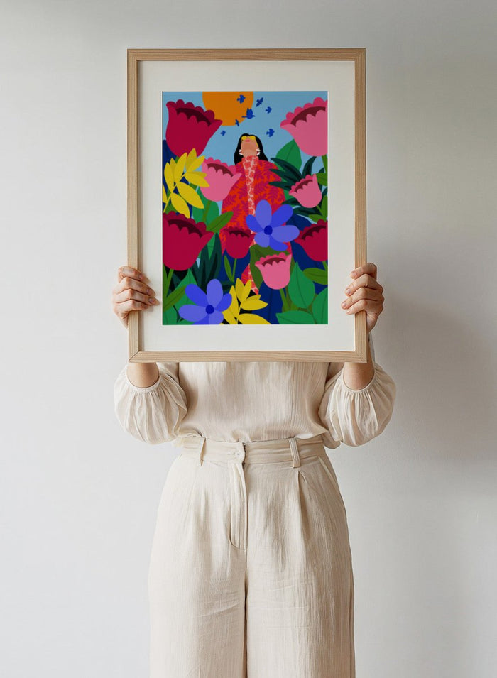 Colorful illustration of a woman surrounded by flowers and birds on a blue background. Woman in Flower Garden by Rafaela Mascaro fine art print poster featuring oversized tulips, bold florals, birds, modern contemporary botanical wall art.