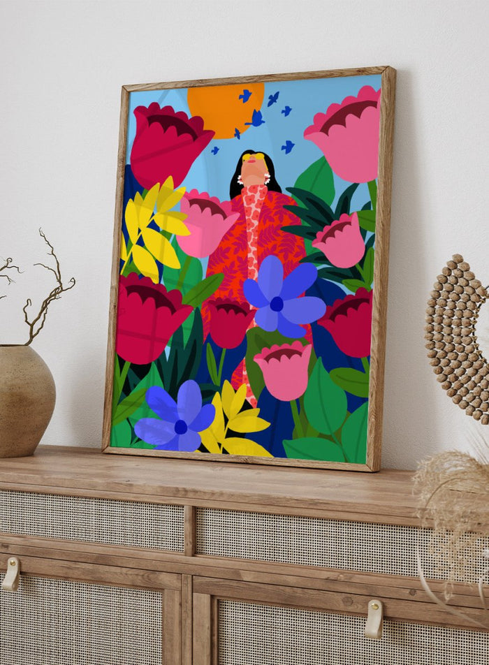 Colorful illustration of a woman surrounded by flowers and birds on a blue background. Woman in Flower Garden by Rafaela Mascaro fine art print poster featuring oversized tulips, bold florals, birds, modern contemporary botanical wall art.