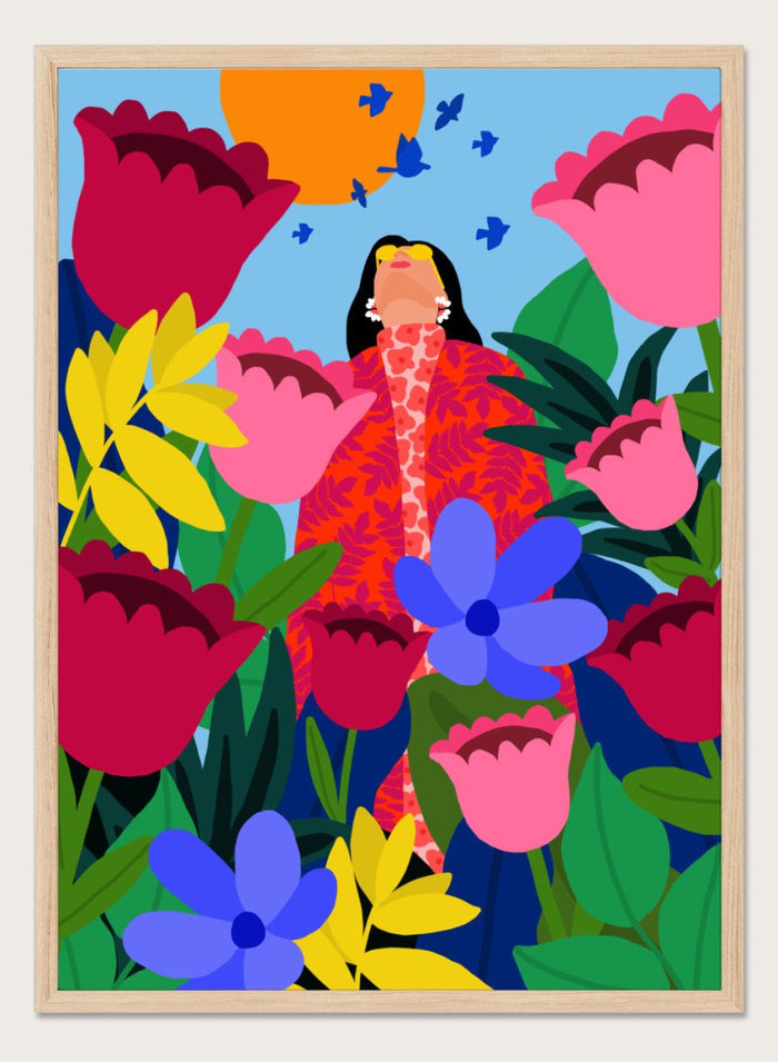 Colorful illustration of a woman surrounded by flowers and birds on a blue background. Woman in Flower Garden by Rafaela Mascaro fine art print poster featuring oversized tulips, bold florals, birds, modern contemporary botanical wall art.