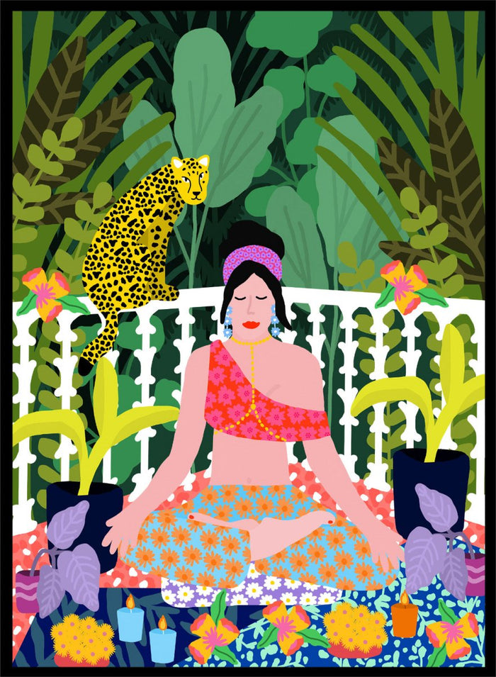 Illustration of a woman in a colorful dress sitting in a garden with plants and flowers. Woman in Lotus Position by Rafaela Mascaro art print featuring meditation figure, tropical plants, leopard balcony scene, and vibrant contemporary botanical wall art poster.