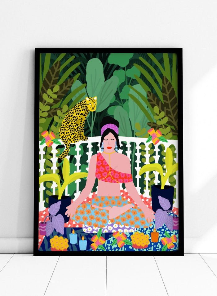 Illustration of a woman in a colorful dress sitting in a garden with plants and flowers. Woman in Lotus Position by Rafaela Mascaro art print featuring meditation figure, tropical plants, leopard balcony scene, and vibrant contemporary botanical wall art poster.