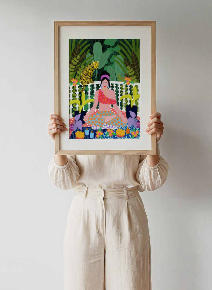 Illustration of a woman in a colorful dress sitting in a garden with plants and flowers. Woman in Lotus Position by Rafaela Mascaro art print featuring meditation figure, tropical plants, leopard balcony scene, and vibrant contemporary botanical wall art poster.