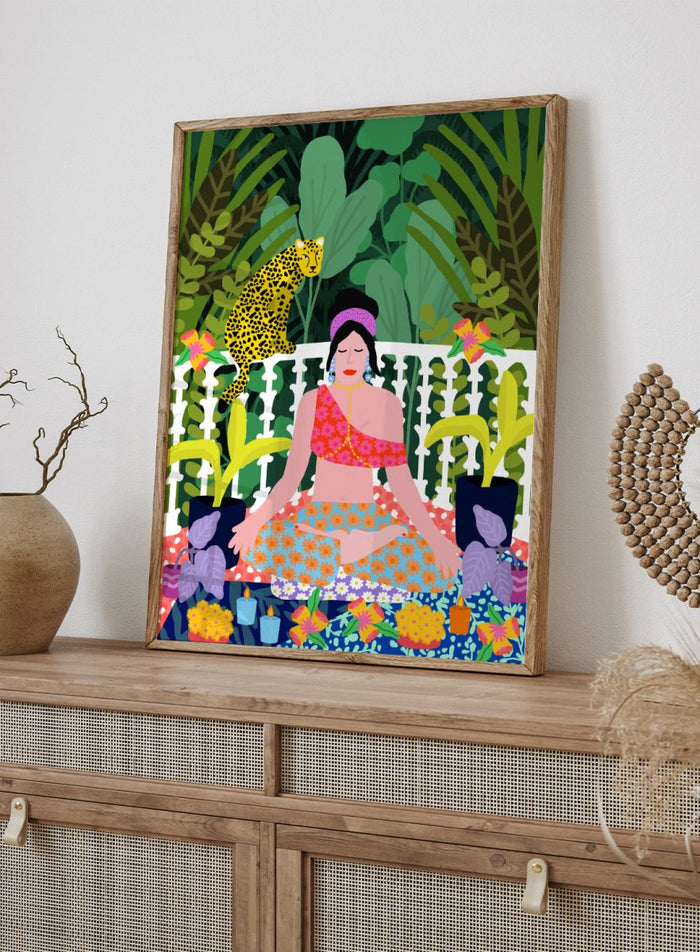 Illustration of a woman in a colorful dress sitting in a garden with plants and flowers. Woman in Lotus Position by Rafaela Mascaro art print featuring meditation figure, tropical plants, leopard balcony scene, and vibrant contemporary botanical wall art poster.