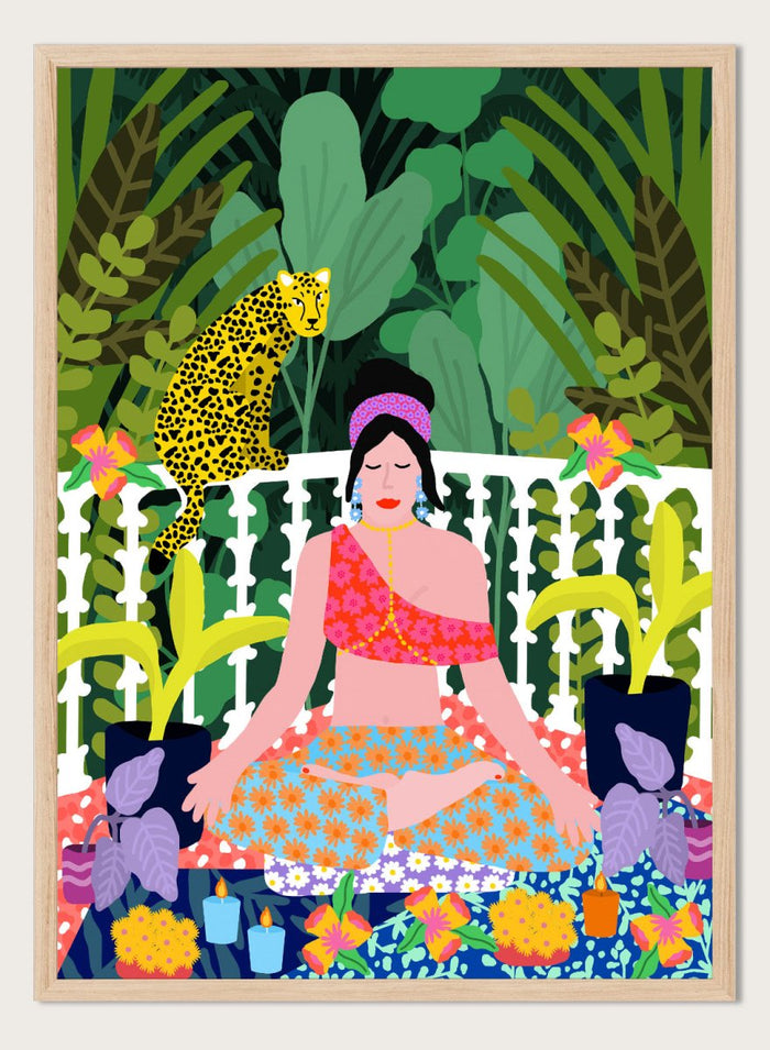 Illustration of a woman in a colorful dress sitting in a garden with plants and flowers. Woman in Lotus Position by Rafaela Mascaro art print featuring meditation figure, tropical plants, leopard balcony scene, and vibrant contemporary botanical wall art poster.