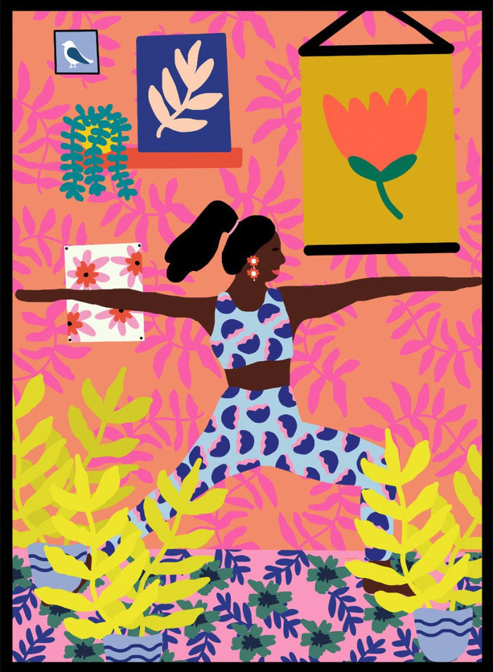 Yoga Warrior Position by Rafaela Mascaro fine art print featuring woman in warrior yoga pose, colorful botanical interior, modern contemporary wall art poster.