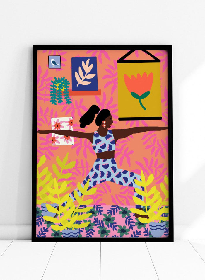 Yoga Warrior Position by Rafaela Mascaro fine art print featuring woman in warrior yoga pose, colorful botanical interior, modern contemporary wall art poster.