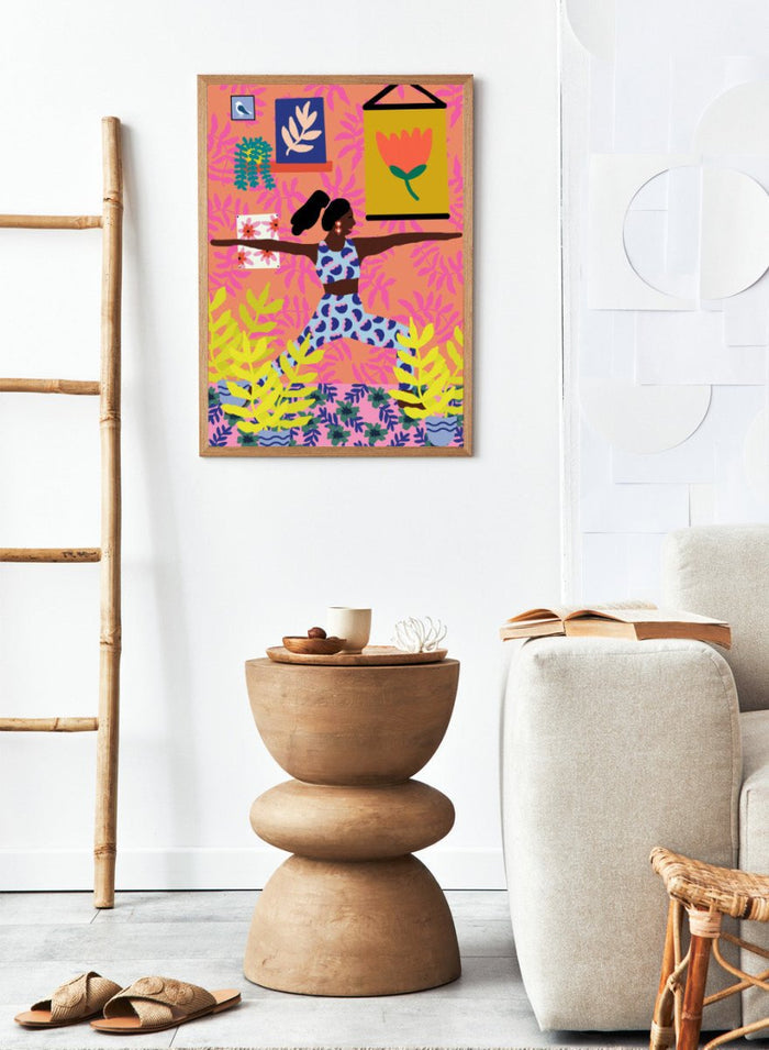 Yoga Warrior Position by Rafaela Mascaro fine art print featuring woman in warrior yoga pose, colorful botanical interior, modern contemporary wall art poster.