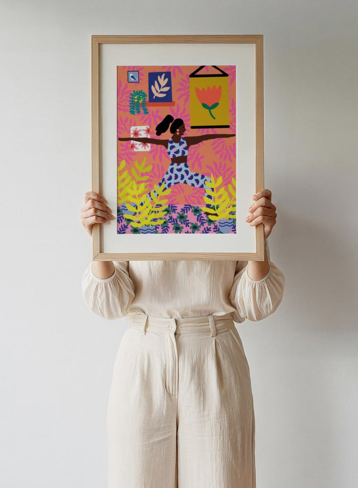 Yoga Warrior Position by Rafaela Mascaro fine art print featuring woman in warrior yoga pose, colorful botanical interior, modern contemporary wall art poster.