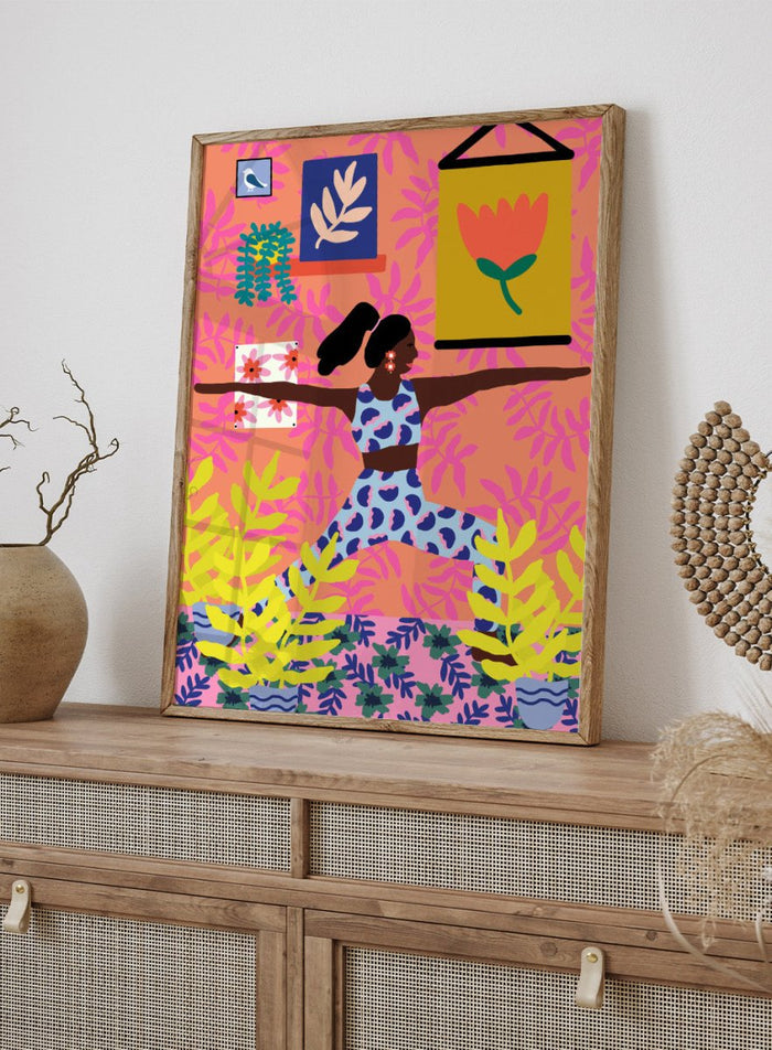 Yoga Warrior Position by Rafaela Mascaro fine art print featuring woman in warrior yoga pose, colorful botanical interior, modern contemporary wall art poster.