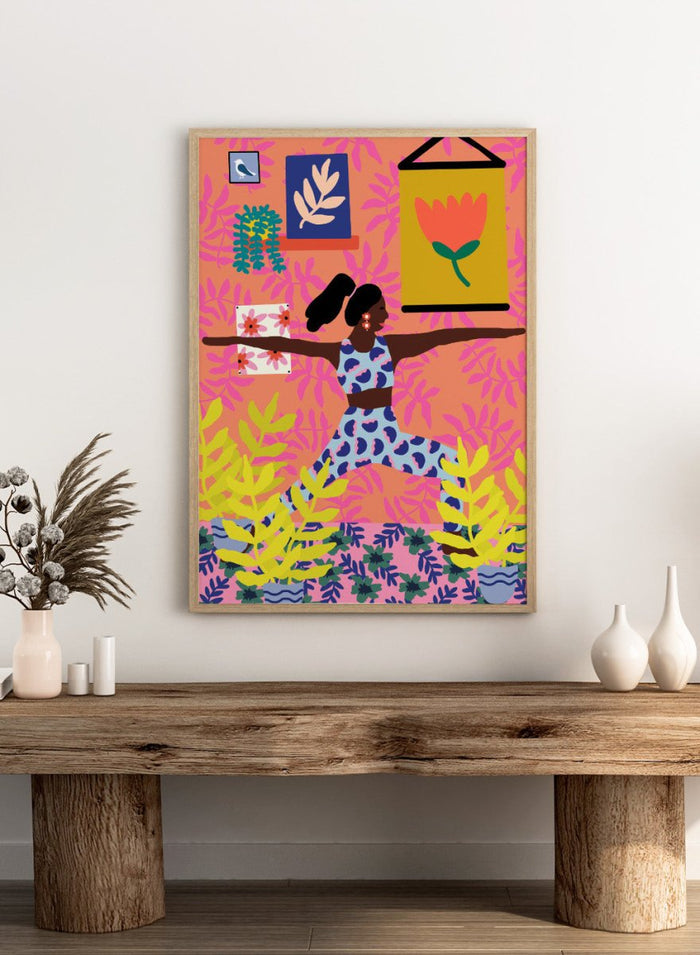 Yoga Warrior Position by Rafaela Mascaro fine art print featuring woman in warrior yoga pose, colorful botanical interior, modern contemporary wall art poster.
