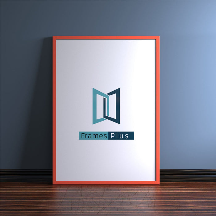 Red picture and poster frame showcasing the Frames Plus logo on a clean background.