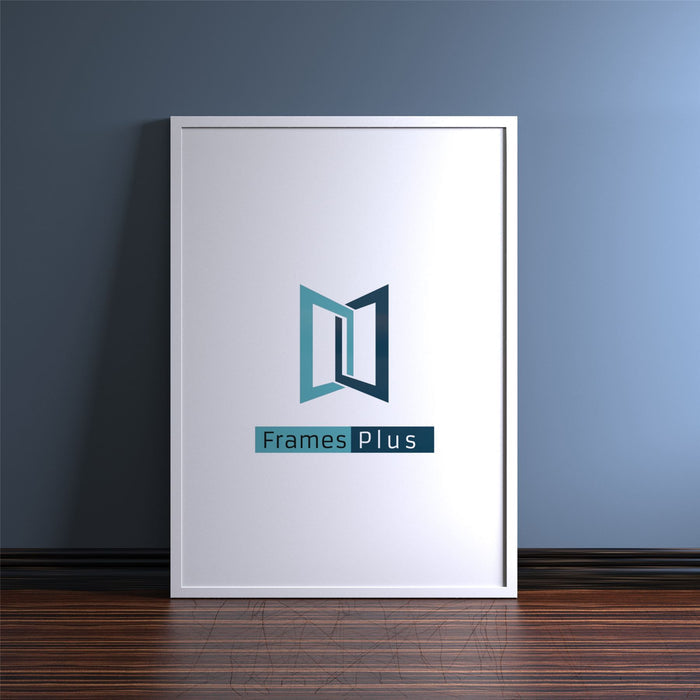 White picture and poster frame displaying the Frames Plus logo on a wall with wooden flooring.