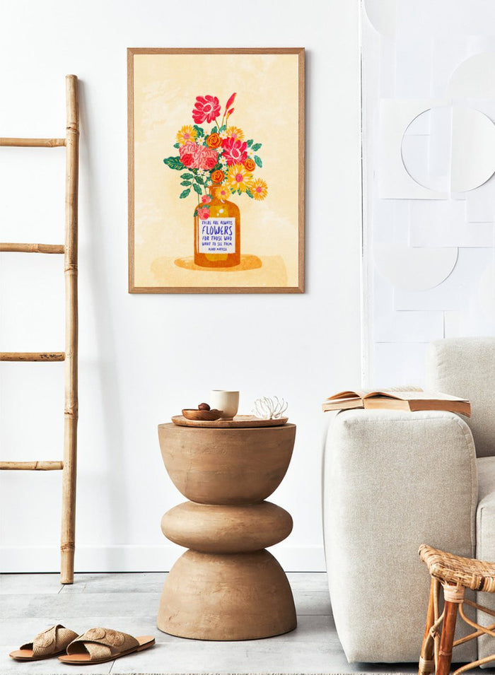 Illustration of a vase with colorful flowers and a quote on a beige background. Always Flowers by Raissa Oltmanns is a modern floral quote art print featuring colorful bouquet and Henri Matisse typography wall poster design.