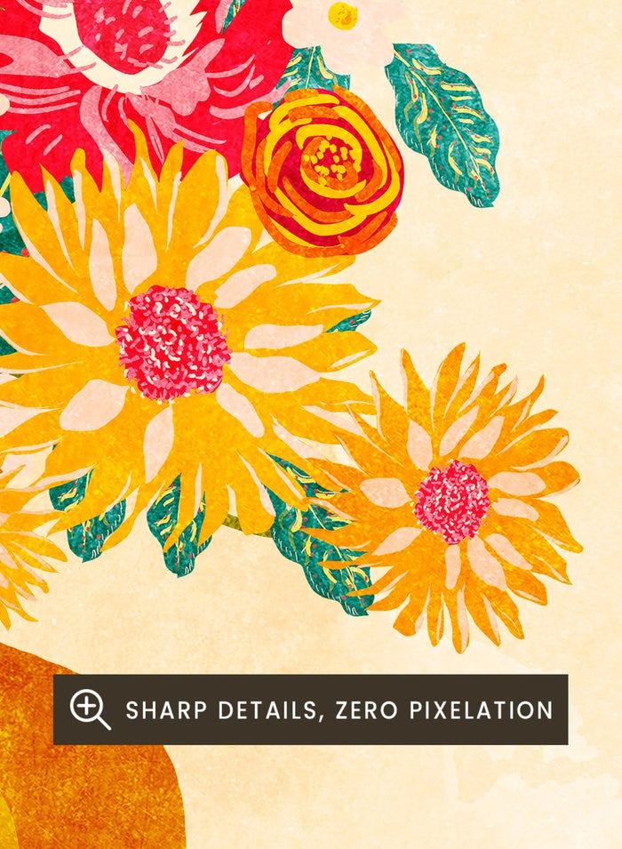 Illustration of a vase with colorful flowers and a quote on a beige background. Always Flowers by Raissa Oltmanns is a modern floral quote art print featuring colorful bouquet and Henri Matisse typography wall poster design.