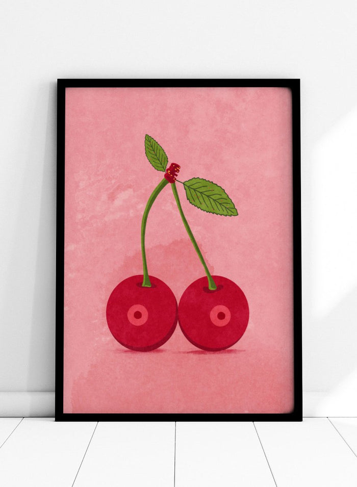Illustration of two cherries on a pink background. Cherry Boobs by Raissa Oltmanns is a modern pop art fine art print featuring red cherries illustration and bold playful contemporary wall decor poster.