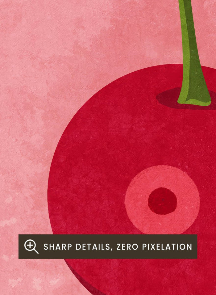 Illustration of two cherries on a pink background. Cherry Boobs by Raissa Oltmanns is a modern pop art fine art print featuring red cherries illustration and bold playful contemporary wall decor poster.