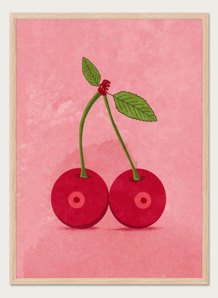 Illustration of two cherries on a pink background. Cherry Boobs by Raissa Oltmanns is a modern pop art fine art print featuring red cherries illustration and bold playful contemporary wall decor poster.