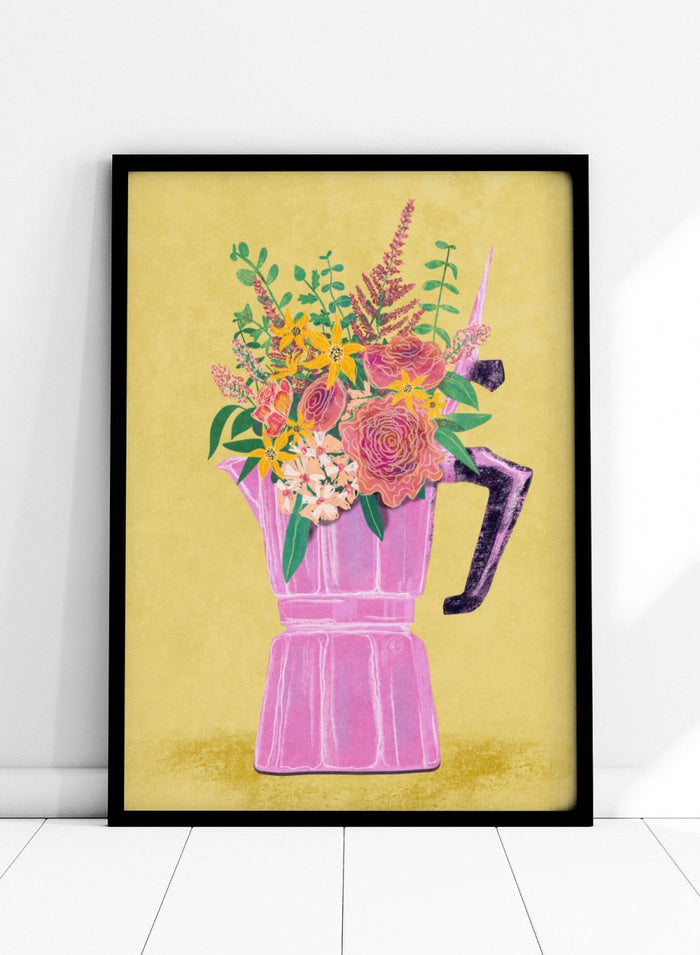 Colorful floral arrangement in a pink vase on a yellow background. Espresso Maker with Flowers by Raissa Oltmanns is a modern floral fine art print featuring a pink moka pot vase still life and bold kitchen wall decor poster.