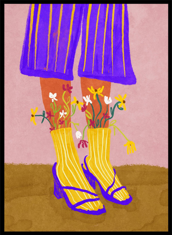 Illustration of legs wearing a purple skirt, yellow boots, and floral tights on a pink background. Fashion Shoot by Raissa Oltmanns fine art print featuring heels and floral socks illustration, modern fashion wall decor poster with bold contemporary aesthetic.