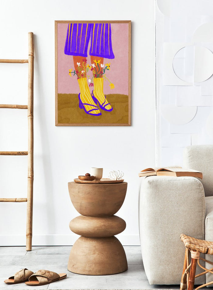 Illustration of legs wearing a purple skirt, yellow boots, and floral tights on a pink background. Fashion Shoot by Raissa Oltmanns fine art print featuring heels and floral socks illustration, modern fashion wall decor poster with bold contemporary aesthetic.