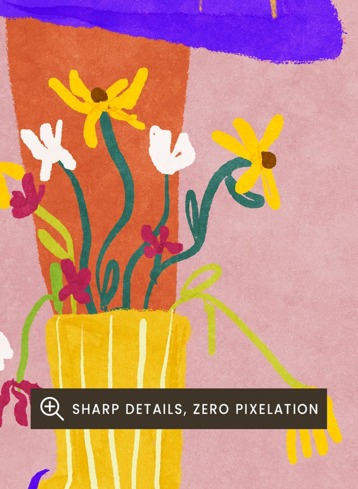 Illustration of legs wearing a purple skirt, yellow boots, and floral tights on a pink background. Fashion Shoot by Raissa Oltmanns fine art print featuring heels and floral socks illustration, modern fashion wall decor poster with bold contemporary aesthetic.
