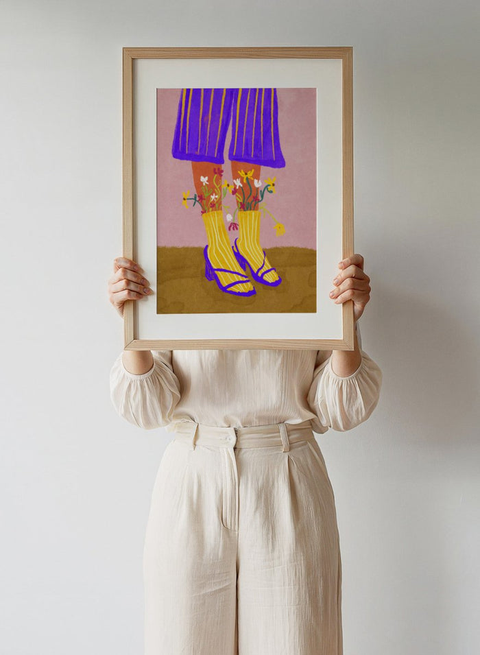 Illustration of legs wearing a purple skirt, yellow boots, and floral tights on a pink background. Fashion Shoot by Raissa Oltmanns fine art print featuring heels and floral socks illustration, modern fashion wall decor poster with bold contemporary aesthetic.