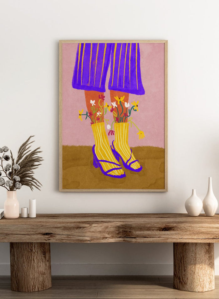Illustration of legs wearing a purple skirt, yellow boots, and floral tights on a pink background. Fashion Shoot by Raissa Oltmanns fine art print featuring heels and floral socks illustration, modern fashion wall decor poster with bold contemporary aesthetic.