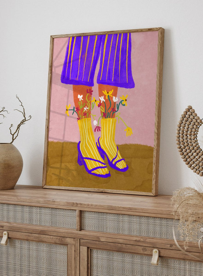 Illustration of legs wearing a purple skirt, yellow boots, and floral tights on a pink background. Fashion Shoot by Raissa Oltmanns fine art print featuring heels and floral socks illustration, modern fashion wall decor poster with bold contemporary aesthetic.