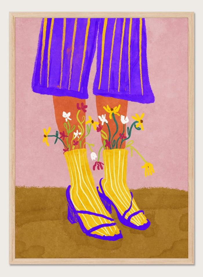 Illustration of legs wearing a purple skirt, yellow boots, and floral tights on a pink background. Fashion Shoot by Raissa Oltmanns fine art print featuring heels and floral socks illustration, modern fashion wall decor poster with bold contemporary aesthetic.