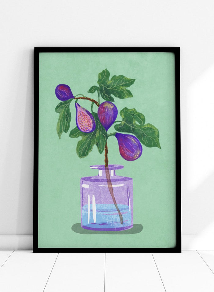 Illustration of a plant with purple fruits in a glass bottle on a green background. Figs Branch In Vase by Raissa Oltmanns is a modern fig still life art print with purple fruit and botanical kitchen wall poster design.