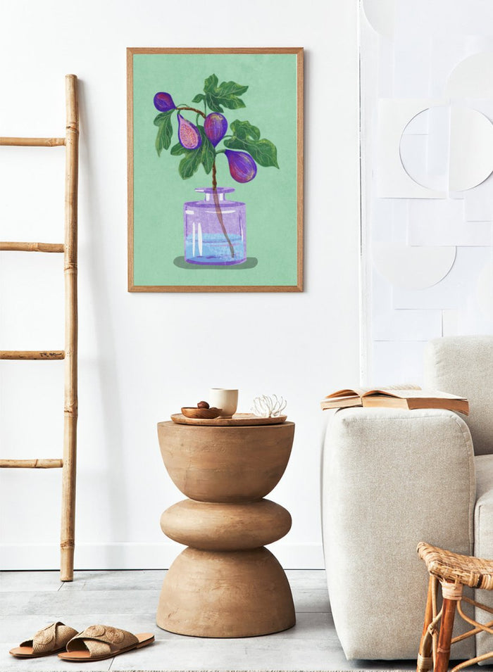 Illustration of a plant with purple fruits in a glass bottle on a green background. Figs Branch In Vase by Raissa Oltmanns is a modern fig still life art print with purple fruit and botanical kitchen wall poster design.