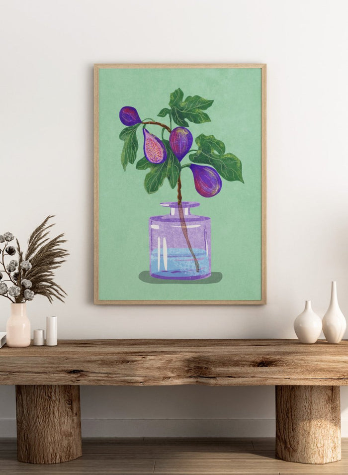 Illustration of a plant with purple fruits in a glass bottle on a green background. Figs Branch In Vase by Raissa Oltmanns is a modern fig still life art print with purple fruit and botanical kitchen wall poster design.