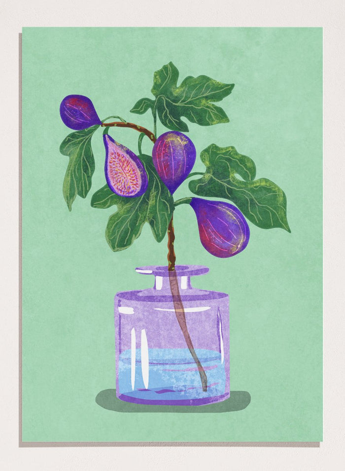 Illustration of a plant with purple fruits in a glass bottle on a green background. Figs Branch In Vase by Raissa Oltmanns is a modern fig still life art print with purple fruit and botanical kitchen wall poster design.