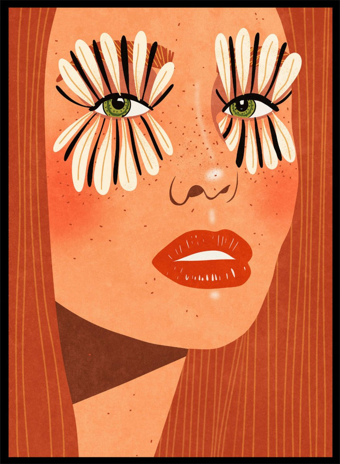 Illustration of a face with flower-like eyes on an orange background. Flower Eyes by Raissa Oltmanns fine art print featuring bold female portrait with floral lashes, modern contemporary wall decor poster.