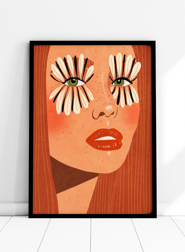 Illustration of a face with flower-like eyes on an orange background. Flower Eyes by Raissa Oltmanns fine art print featuring bold female portrait with floral lashes, modern contemporary wall decor poster.