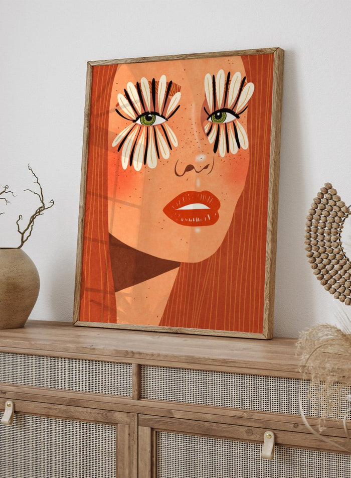 Illustration of a face with flower-like eyes on an orange background. Flower Eyes by Raissa Oltmanns fine art print featuring bold female portrait with floral lashes, modern contemporary wall decor poster.