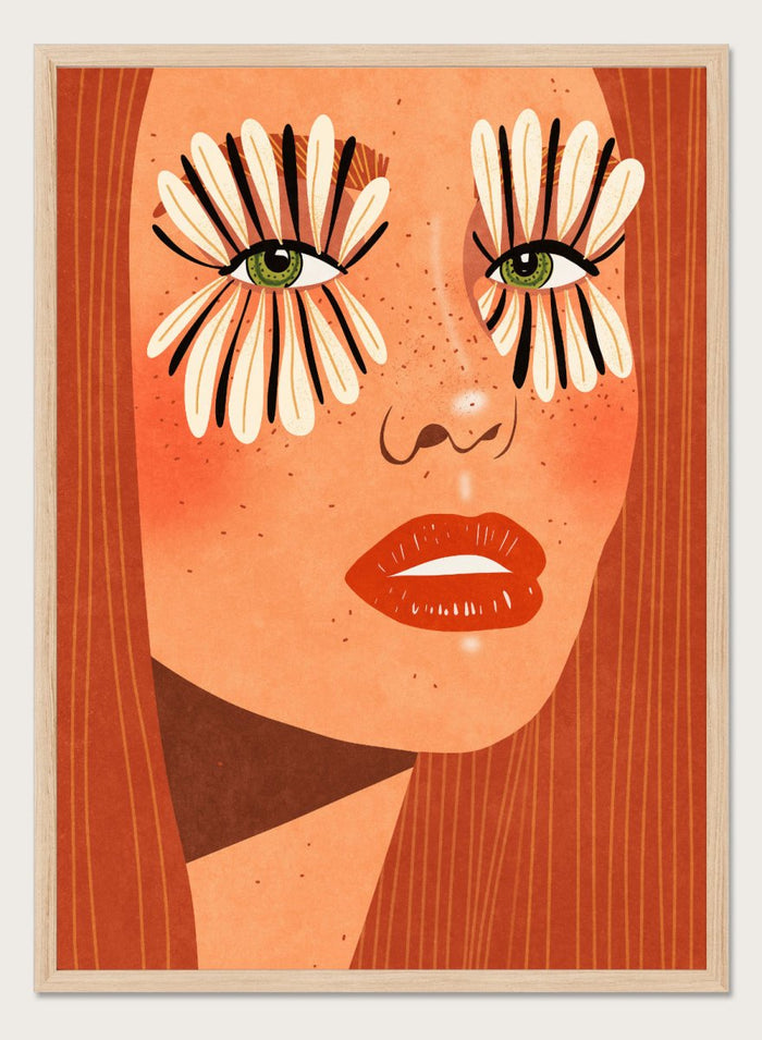 Illustration of a face with flower-like eyes on an orange background. Flower Eyes by Raissa Oltmanns fine art print featuring bold female portrait with floral lashes, modern contemporary wall decor poster.